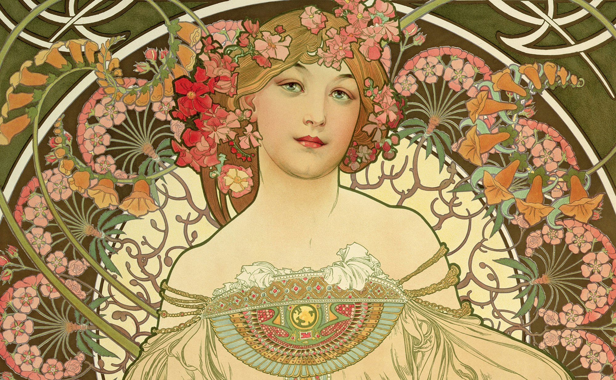 Copertina della mostra di alphonse Mucha a palazzo pallavicini a bologna